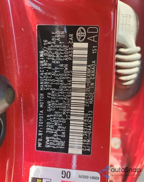 2016 Toyota Corolla L из США, поврежденный, VIN 2T1BURHE8GC646775